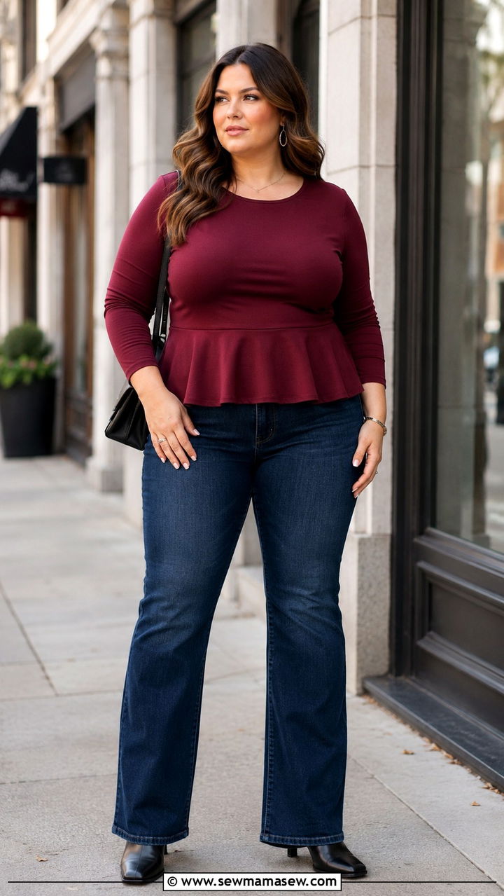 Peplum Top With Dark Wash Bootcut Jeans And Ankle Boots - 25 Outfit ideas for apple shape plus size