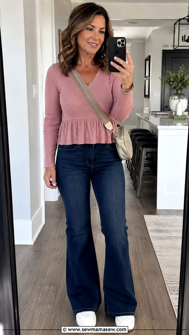 Peplum Top With Flared Jeans Outfit - 20 Outfit ideas for inverted triangle over 40