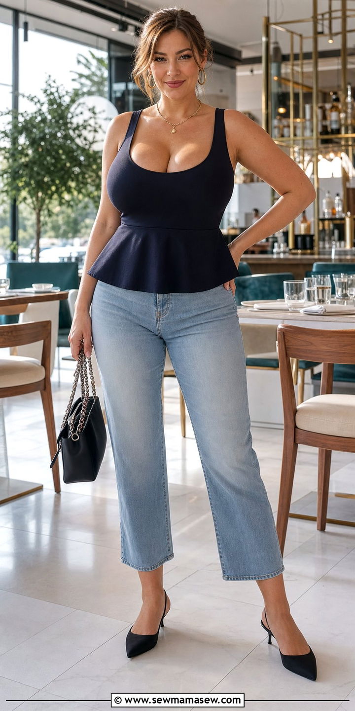 Peplum Top With Straight Leg Cropped Jeans And Heels - 25 Summer outfits for big bust