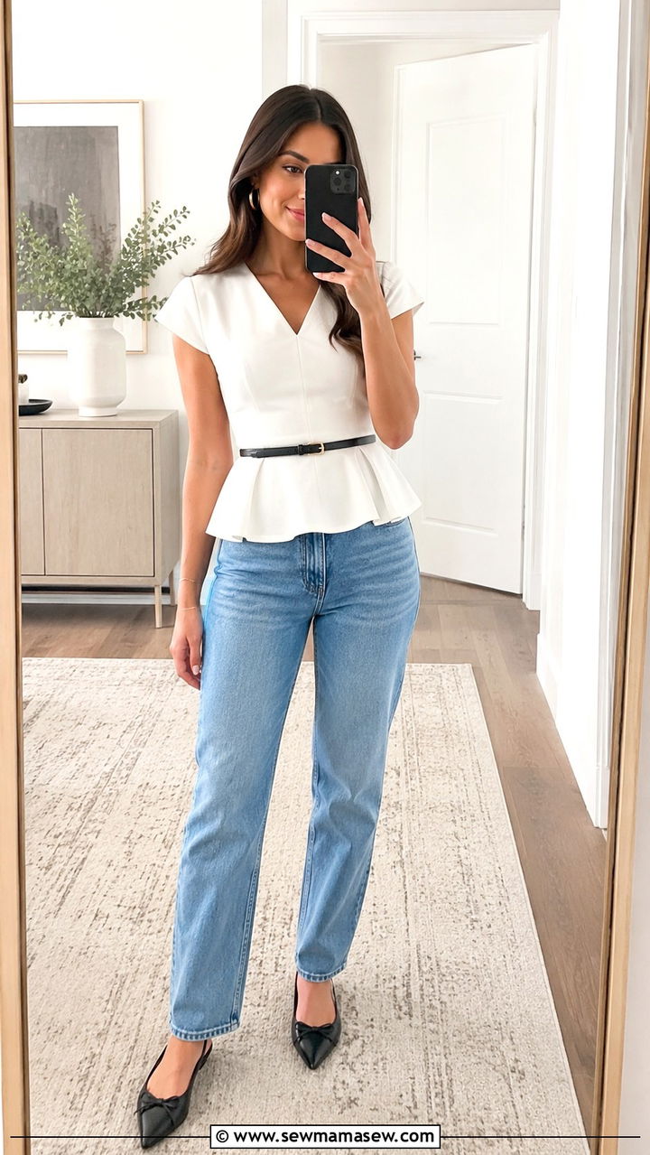 Peplum Top With Straight Leg Jeans - 20 outfit ideas for women with tummy