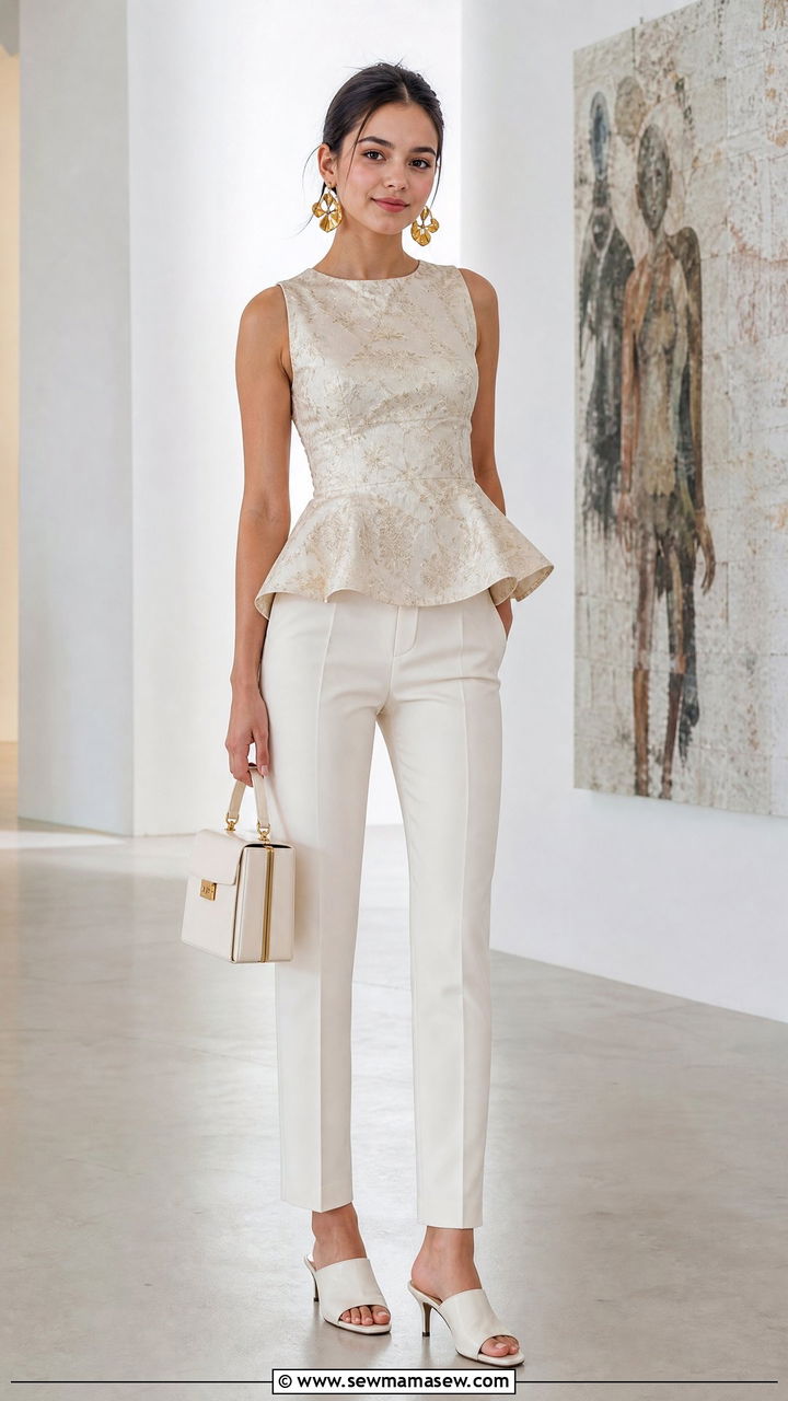 Peplum Top With Tailored Trousers With Heeled Mules - 25 Wedding guest outfits for teens