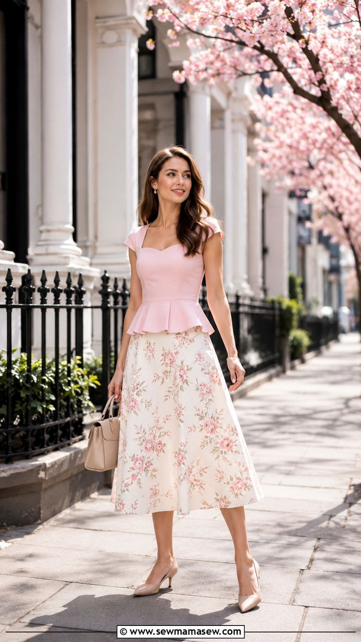 Peplum Top and A Line Midi Skirt - 30 Romantic spring outfit ideas