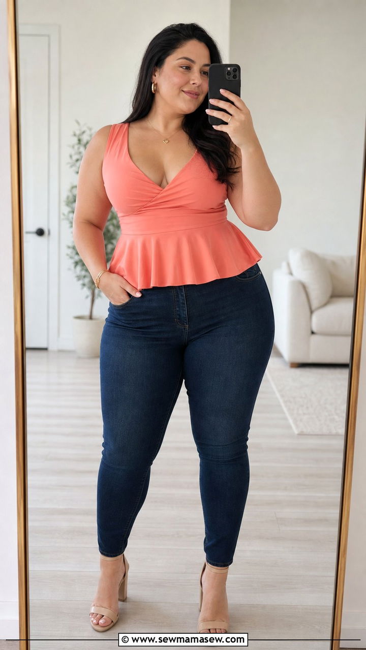 Peplum Top and Dark Wash Jeans - 35 Brunch outfits for plus size