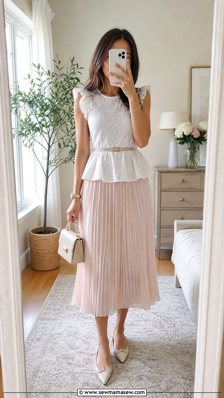 Peplum Top and Pleated Midi Skirt - 30 summer romantic outfit ideas