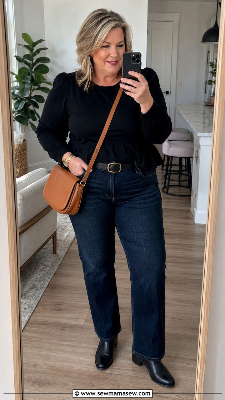 Peplum Top with Dark Wash Jeans - 30 Plus size outfit ideas for women over 50