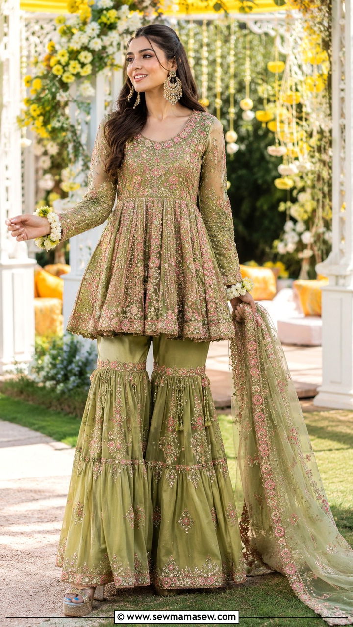 Peplum Top with Gharara and Statement Earrings - 25 Multan outfit ideas