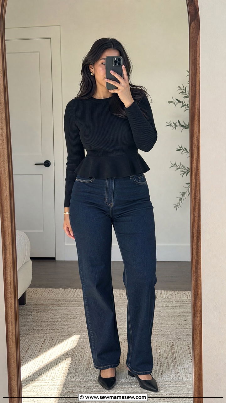 Peplum Top with High Waisted Jeans for Wide Hips - 25 casual outfits for women with wide hips