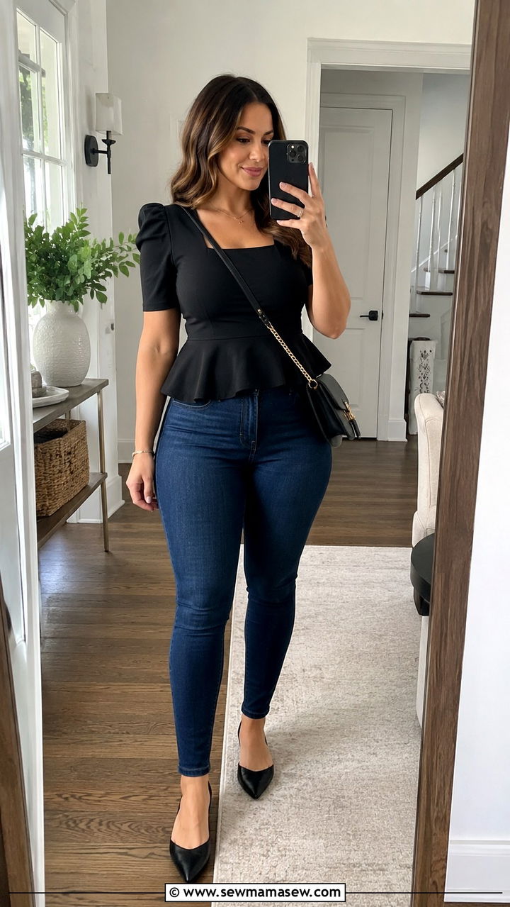 Peplum Top with High Waisted Skinny Jeans - 20 Outfit ideas for apron belly