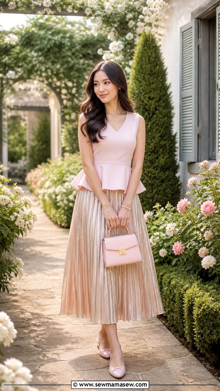 Peplum Top with Pleated Midi Skirt and Ballet Flats - 40 Peplum top outfit ideas