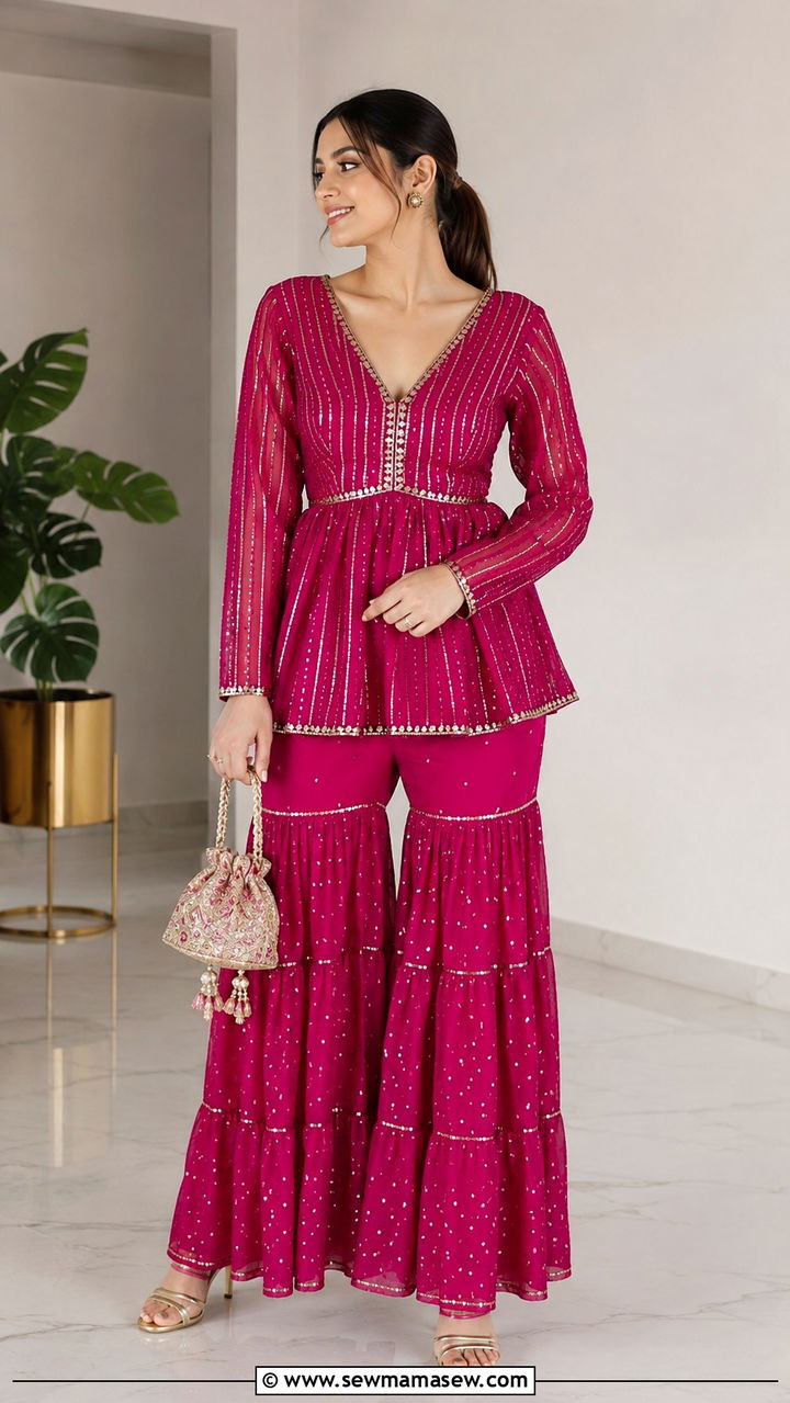 Peplum Top with Sharara Pants in Magenta - 25 Wedding guest outfit ideas Mehndi ceremony