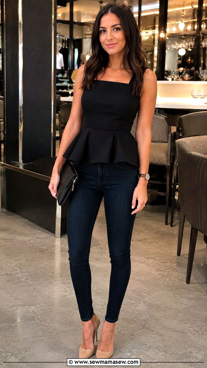 Peplum Top with Skinny Jeans and Pointed Heels - 25 Outfit ideas for size 16 hourglass