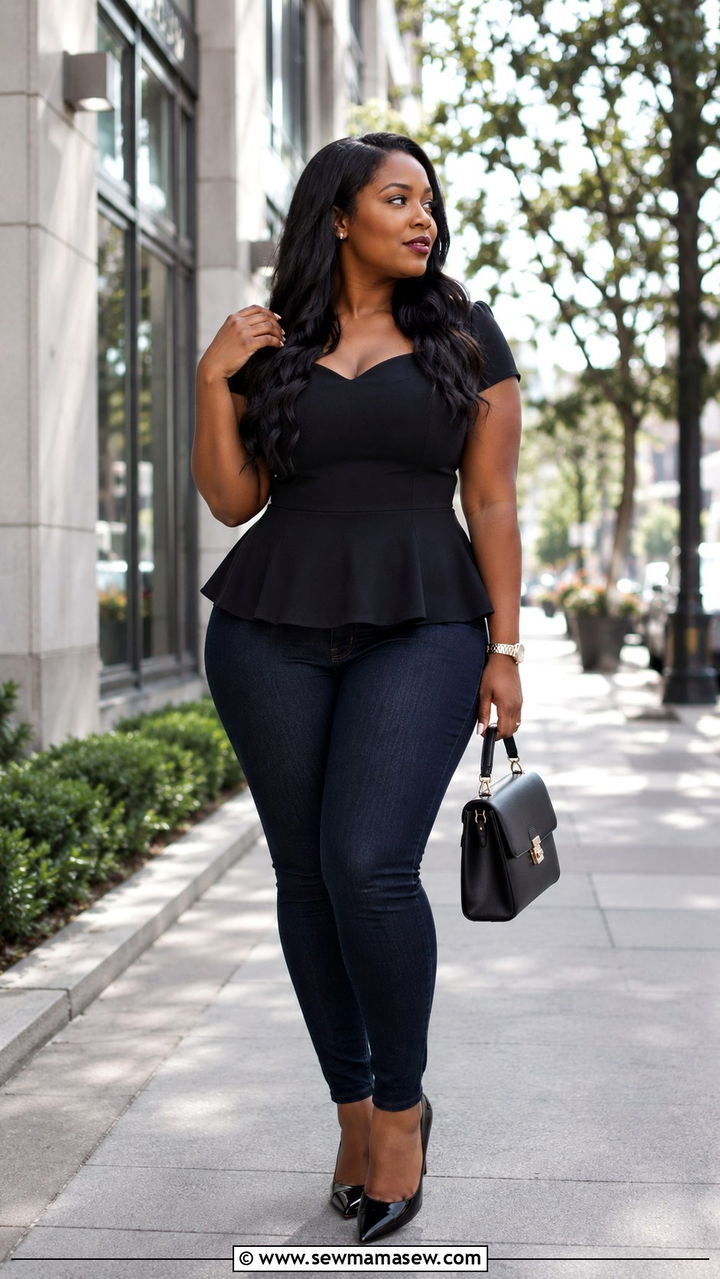 Peplum Top with Skinny Jeans and Pointed Toe Pumps - 25 Outfit ideas for size 10 hourglass
