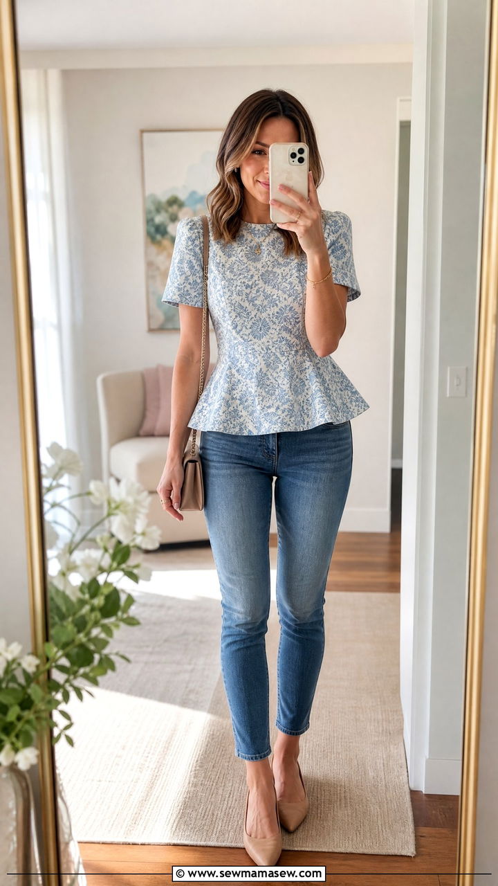 Peplum Top with Slim Fit Ankle Jeans - 20 Spring outfits for rectangle body