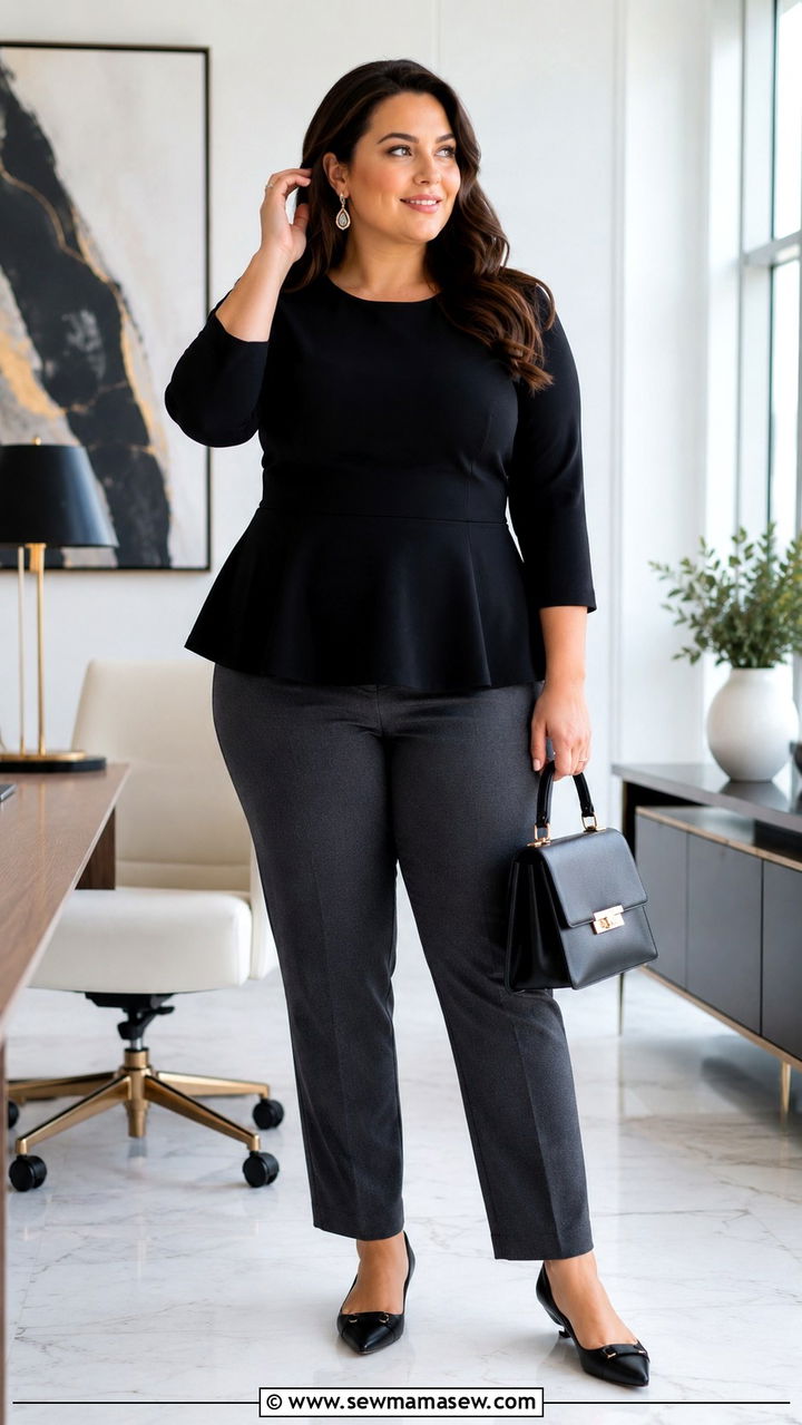 Peplum Top with Straight Leg Trousers - 30 Plus size business casual outfit ideas
