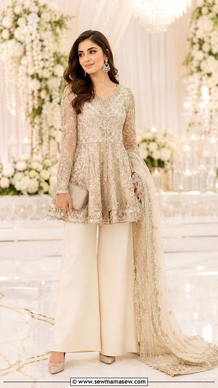 Peplum gown with palazzo pants for Walima - 25 Wedding guest outfit ideas Walima ceremony