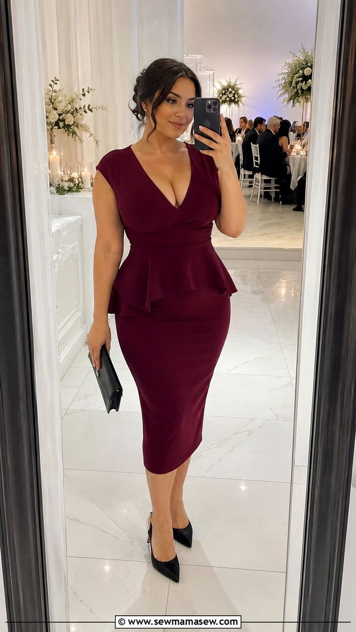 Peplum midi dress outfit for big bust wedding guest - 20 Wedding guest outfit ideas big bust