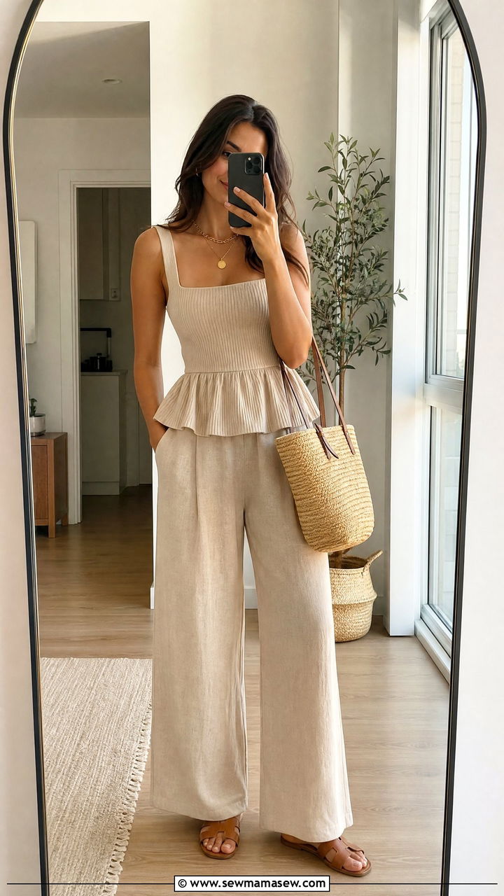Peplum top and wide leg linen set - 30 Matching set outfit ideas aesthetic