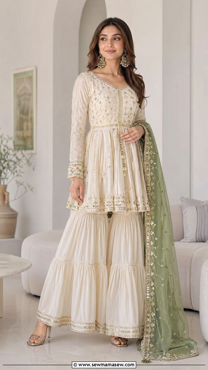 Peplum top sharara set with contrast dupatta - 35 Eid outfit ideas modest