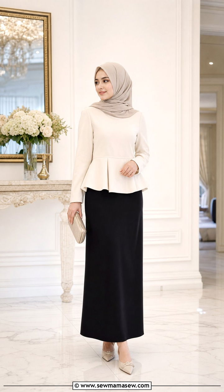 Peplum top with black maxi skirt and pointed toe flats - 25 classy outfits for hijab women