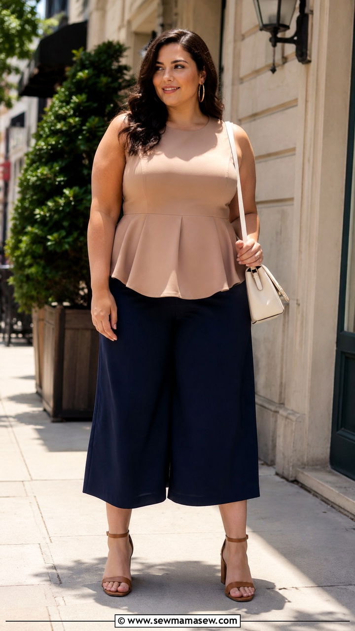 Peplum top with dark wide leg culottes - 20 Outfit ideas for cello body shape