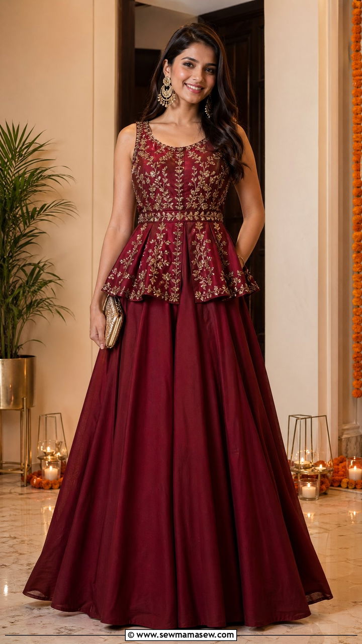 Peplum top with flared lehenga skirt - 35 Diwali party outfit ideas