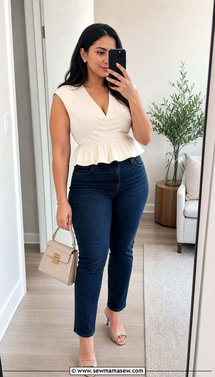 Peplum top with high waisted jeans brunch outfit - 35 Brunch outfits for pear shape