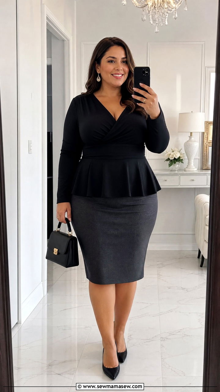 Peplum top with pencil skirt outfit - 25 Interview outfit ideas plus size
