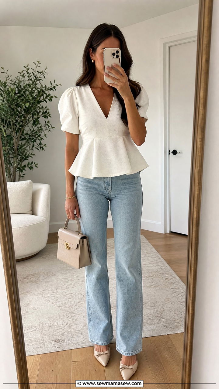 Peplum top with straight leg jeans - 25 spring outfits for apple shaped body
