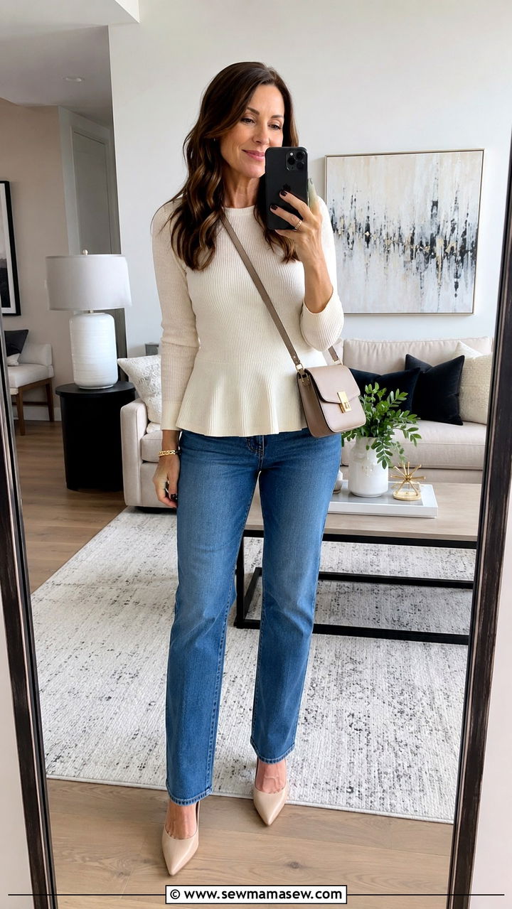 Peplum top with straight leg jeans rectangle outfit - 25 Outfit ideas for rectangle over 40