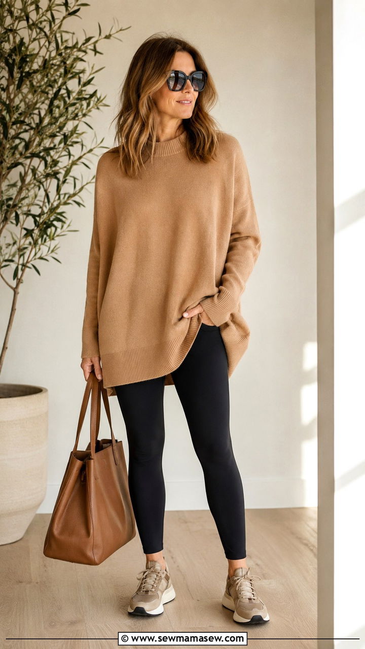 Performance Leggings with an Oversized Tunic Sweater and Fashion Sneakers - 30 Outfit ideas for women over 40 sporty chic
