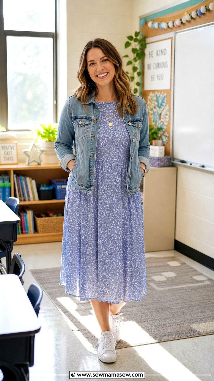 Periwinkle Midi Dress With Denim Jacket Outfit - 40 Spring teacher outfits