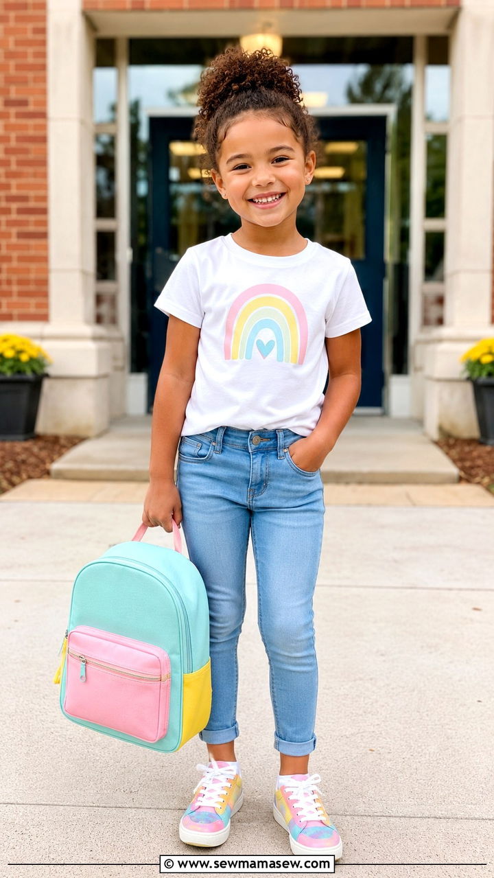 Personalized first day tee with soft denim outfit - 30 Kids back to school outfit ideas