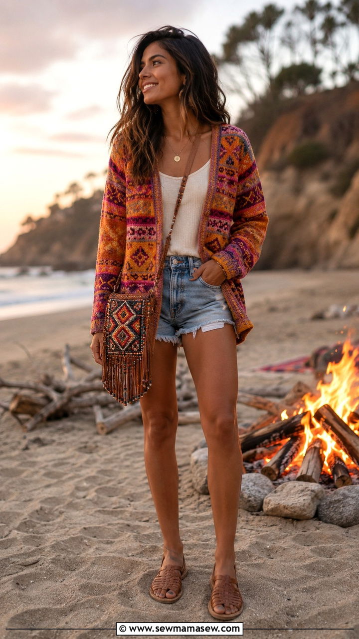 Peruvianpattern cardigan with cutoff denim shorts - 30 Playful summer outfit ideas