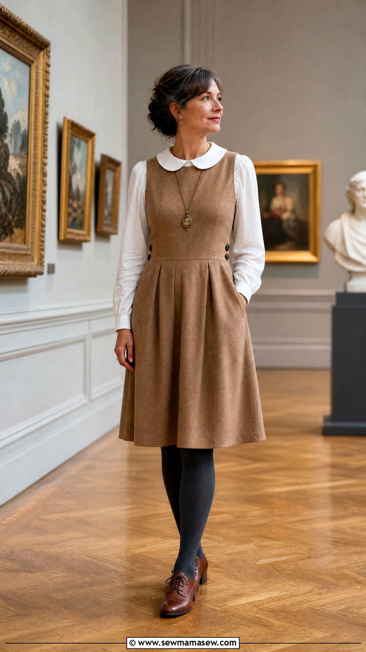Peter Pan Collar Blouse Outfit with Pinafore Dress and Tights - 25 light academia outfit ideas for women over 40