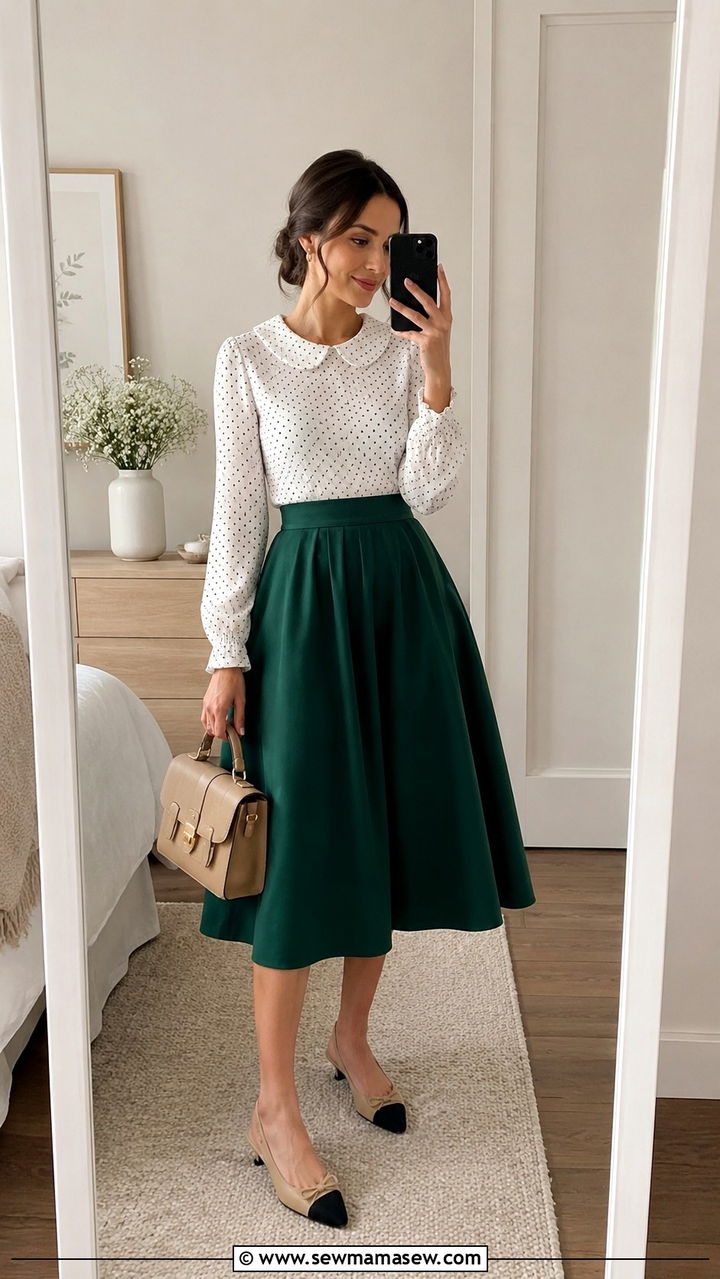 Peter Pan Collar Blouse With A Line Midi Skirt - 30 Mod outfit ideas
