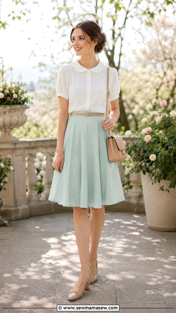 Peter Pan Collar Blouse With A Line Skirt And Ballet Flats - 30 spring vintage outfit ideas