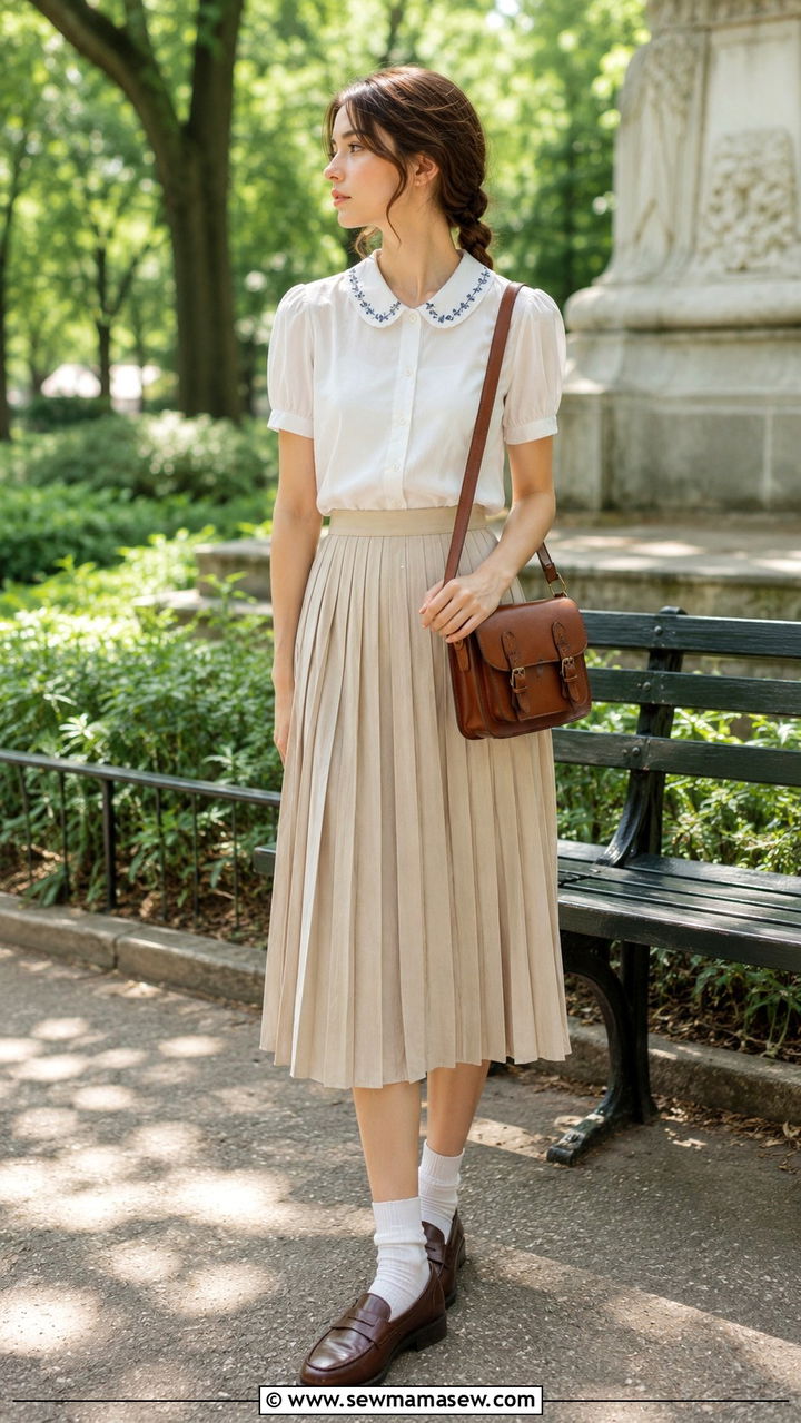 Peter Pan Collar Blouse With Beige Pleated Midi Skirt Outfit Light Academia - 30 casual light academia outfits