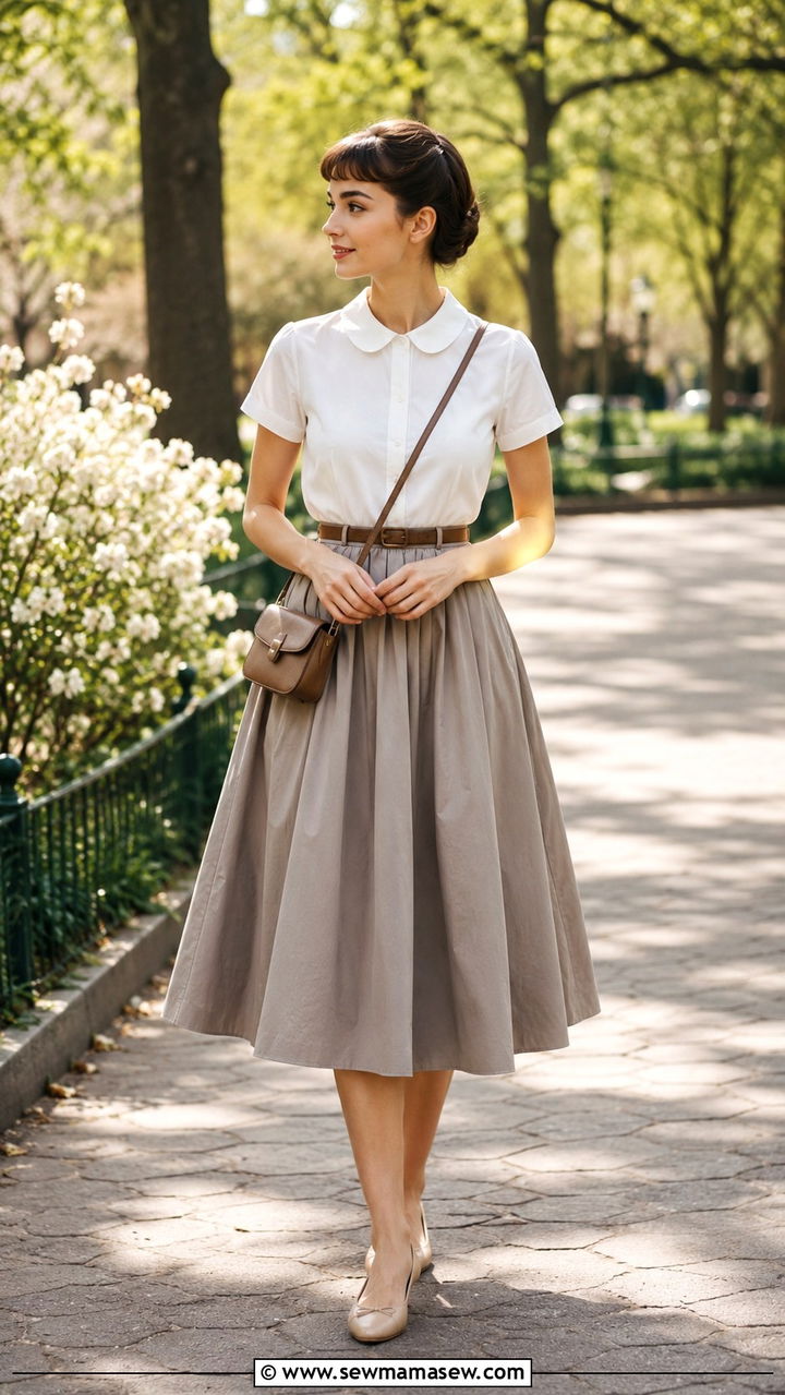 Peter Pan Collar Blouse With Full Midi Skirt and Flats - 25 Audrey Hepburn outfit ideas