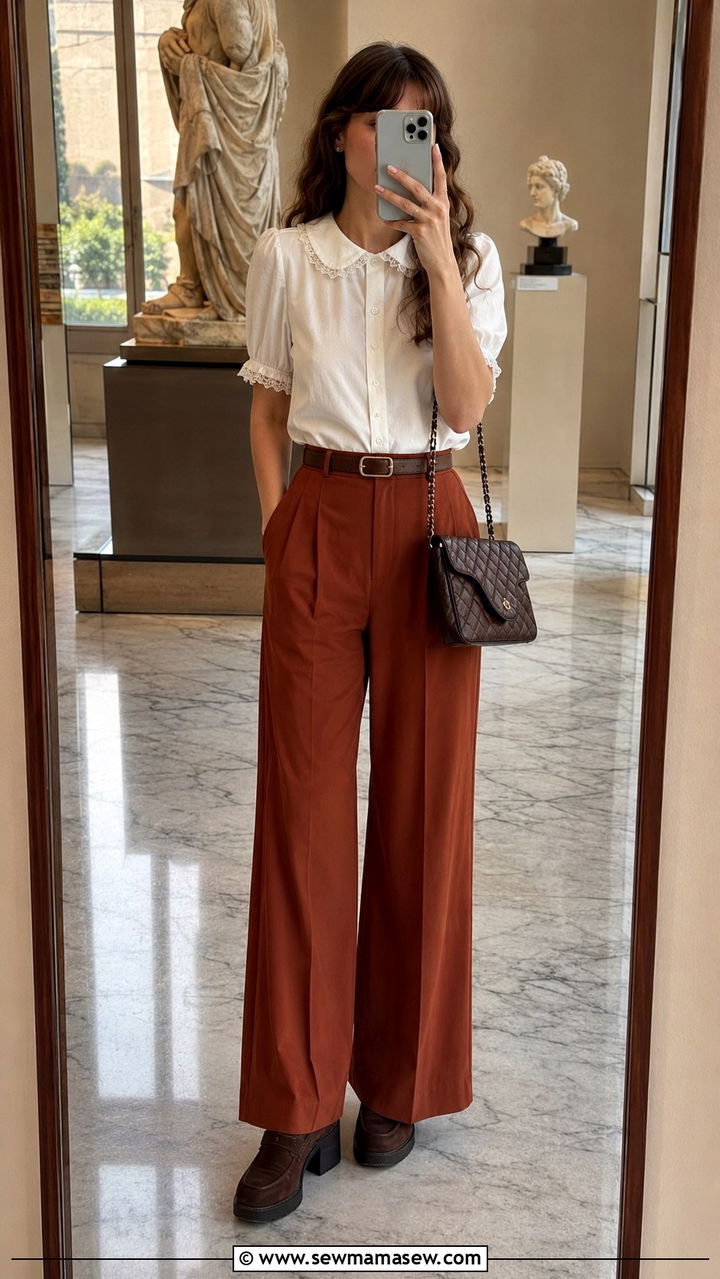 Peter Pan Collar Blouse With High Waisted Trousers - 30 classy preppy outfit ideas