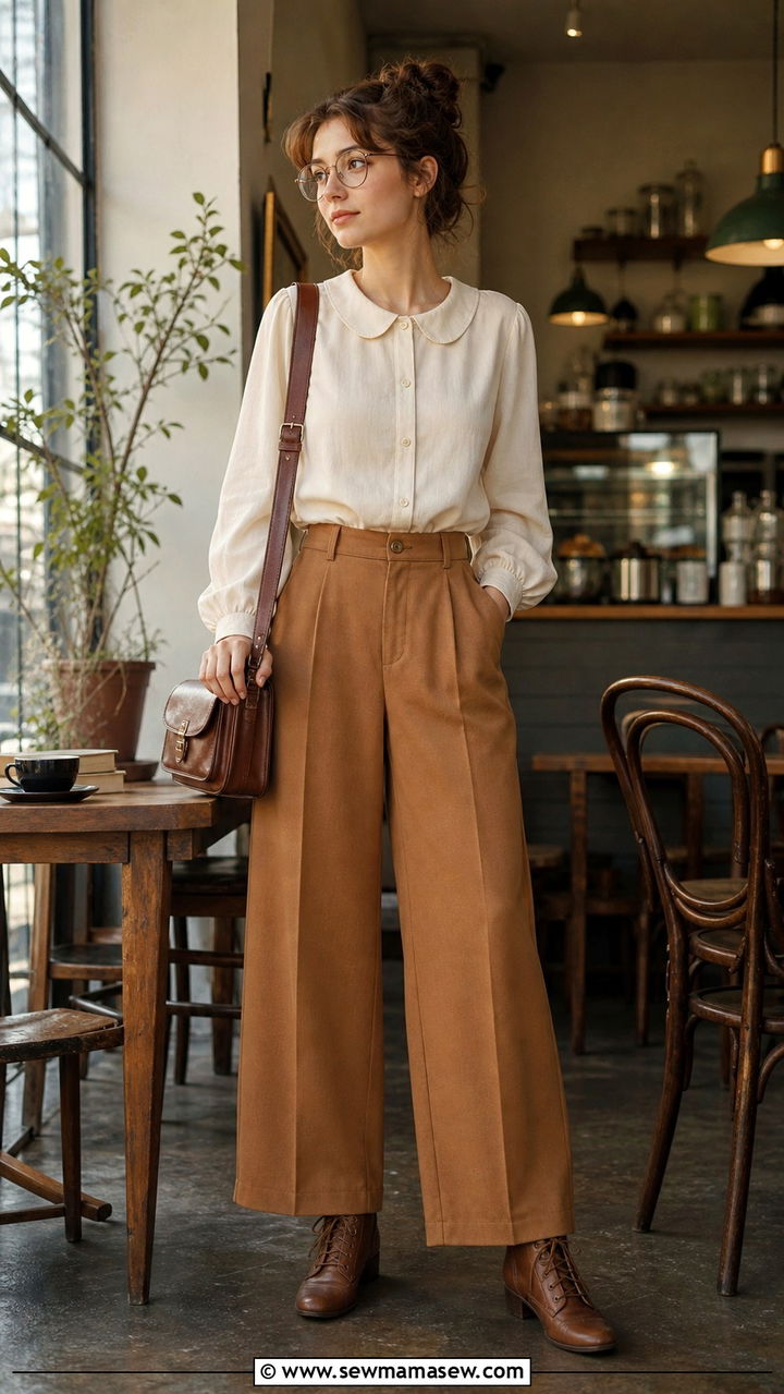 Peter Pan Collar Blouse With High Waisted Wide Leg Trousers - 40 light academia outfits for women