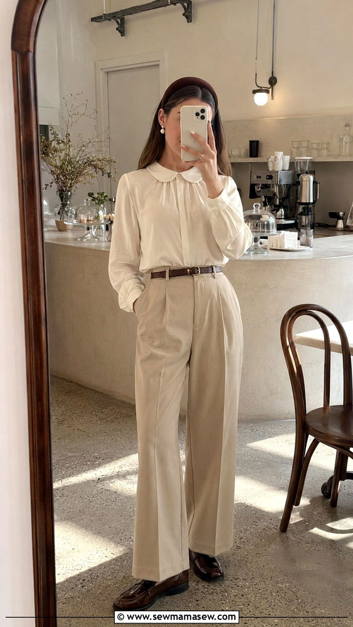 Peter Pan Collar Blouse With Wide Leg Trousers And Oxfords - 30 light academia outfits inspo