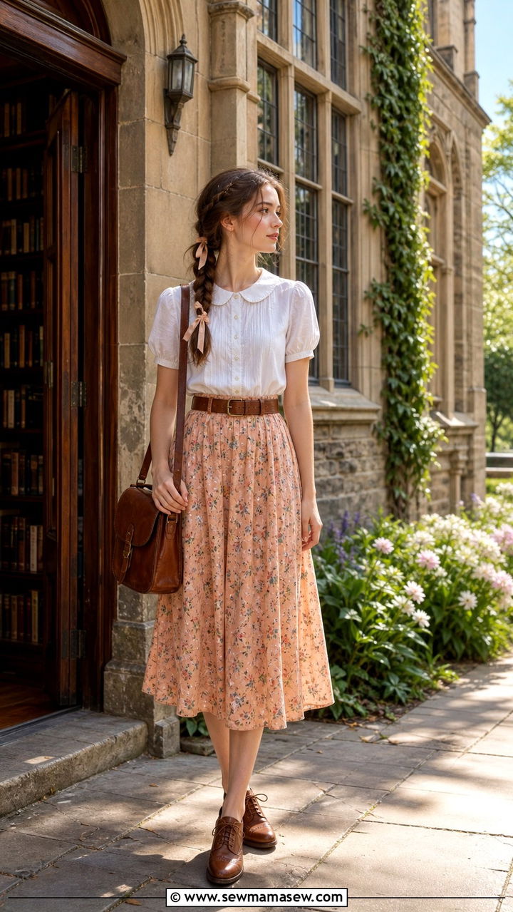 Peter Pan Collar Blouse and Flowy Skirt - 40 summer cottagecore outfits