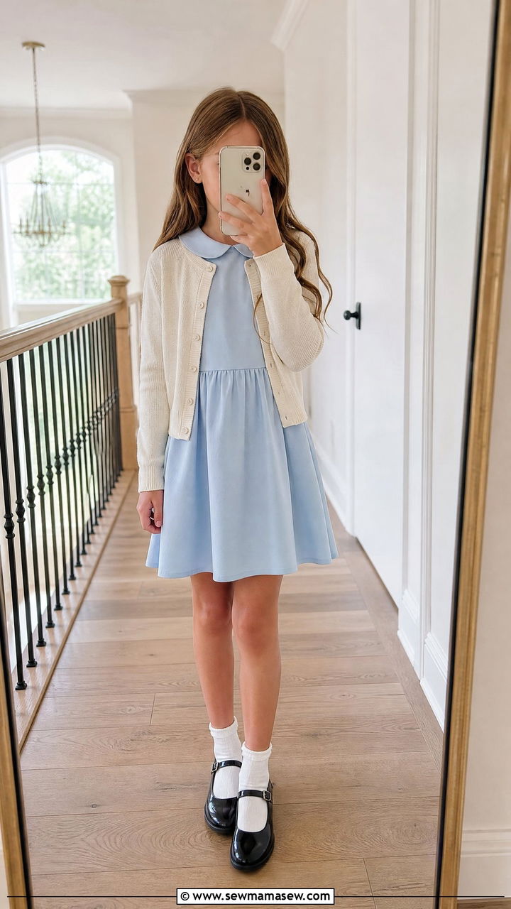 Peter Pan Collar Dress With Cardigan - 25 Kid outfit ideas for school picture day