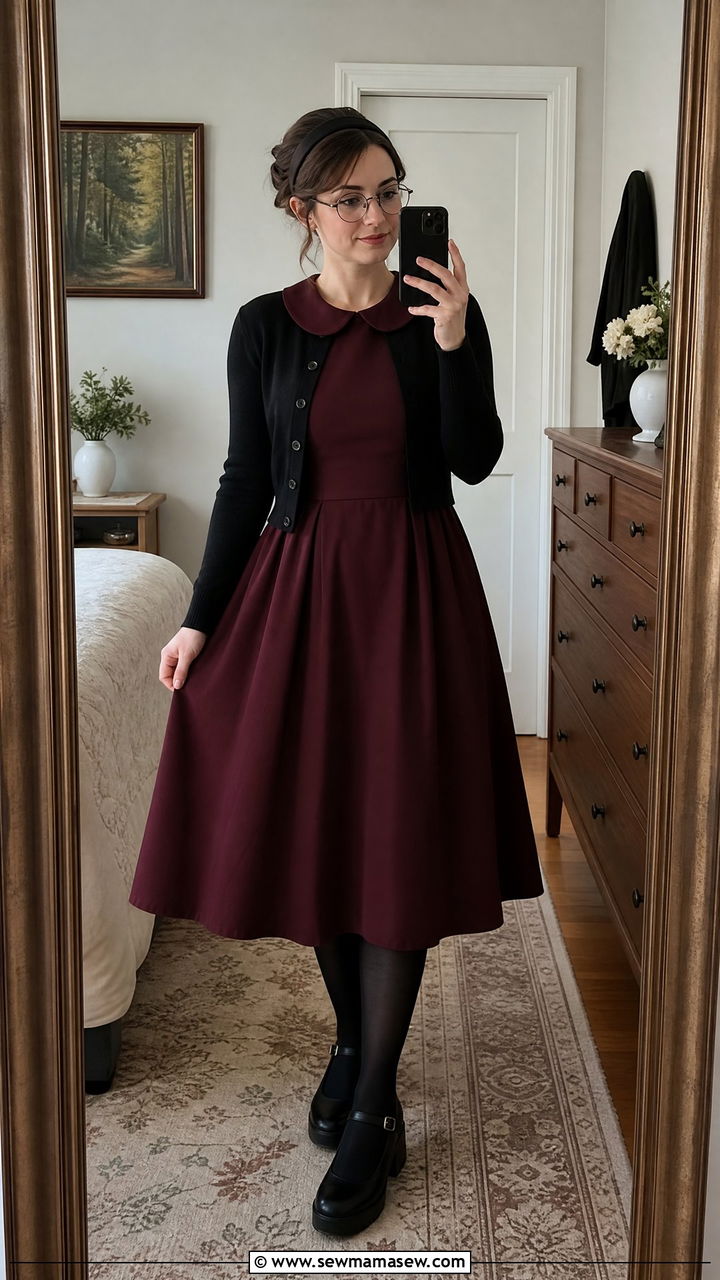 Peter Pan Collar Dress With Cropped Cardigan - 25 classy librarian core outfits