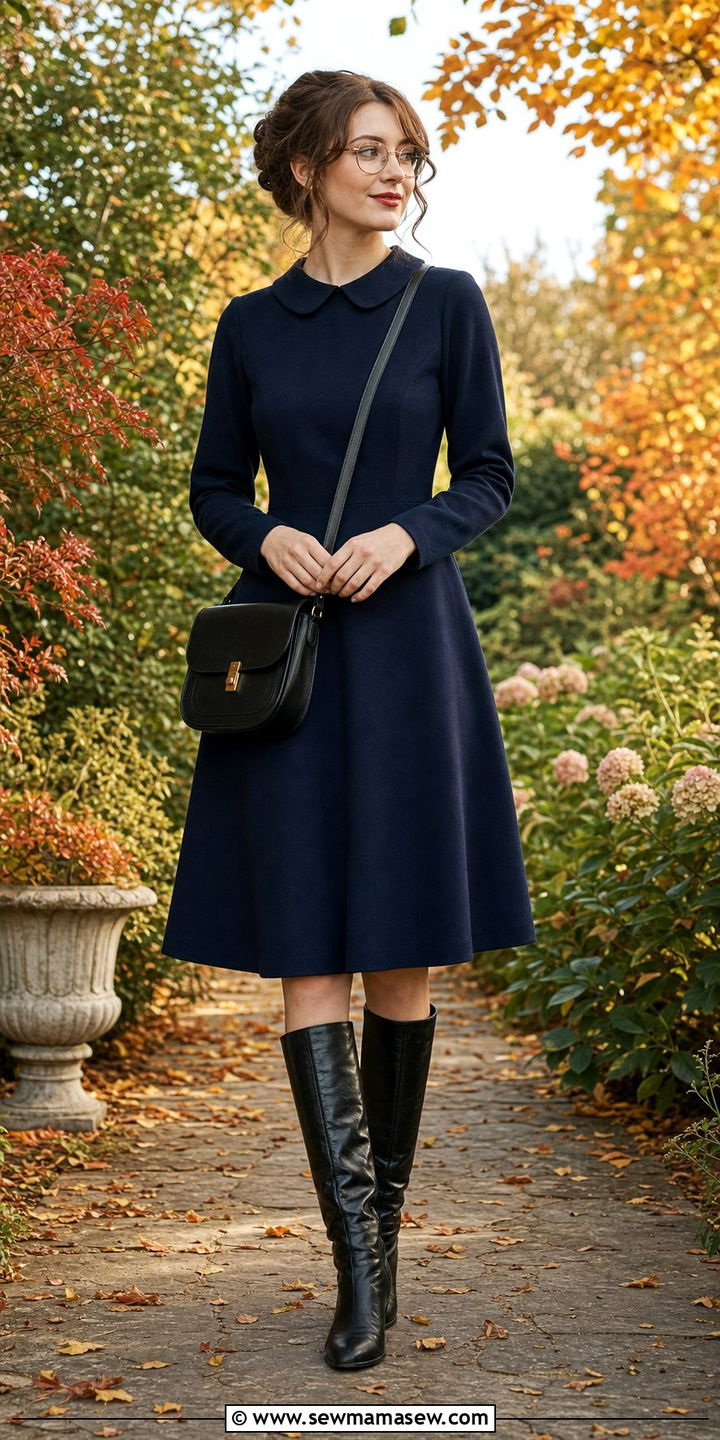 Peter Pan Collar Dress With Knee High Boots - 25 cute librarian core outfits