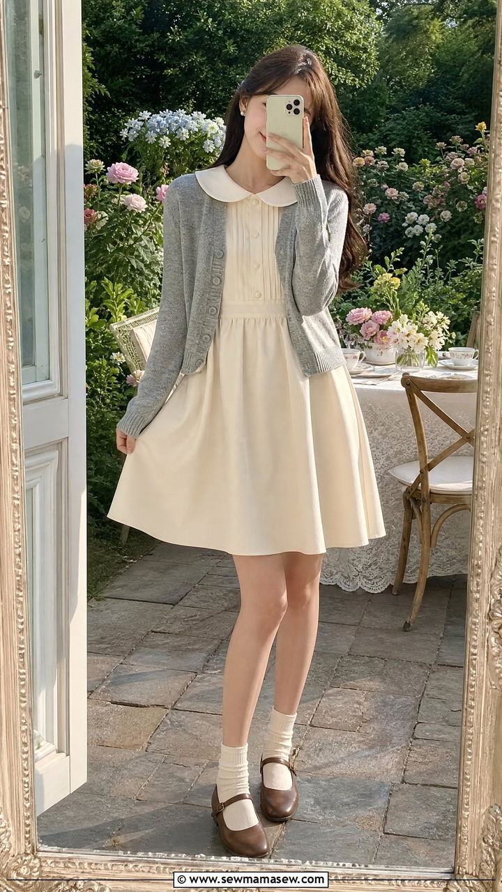 Peter Pan Collar Dress and Cardigan - 25 classy light academia outfit ideas