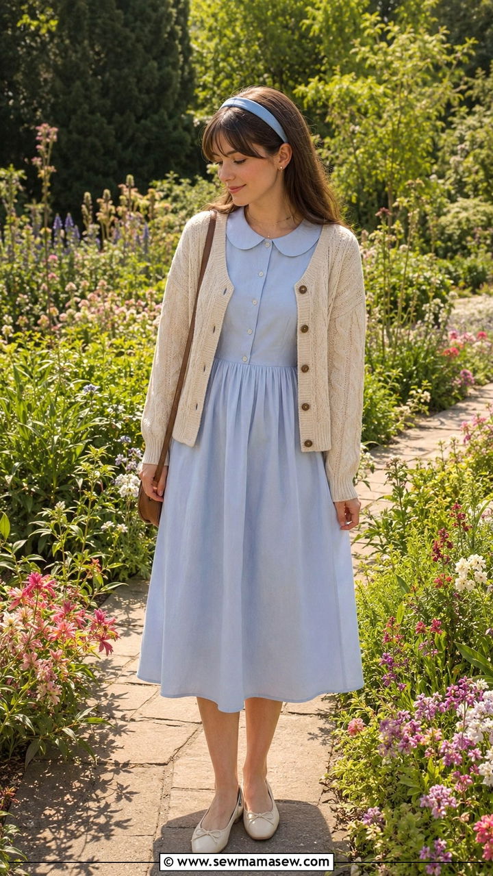 Peter Pan Collar Dress with Cardigan - 30 light academia outfits to copy