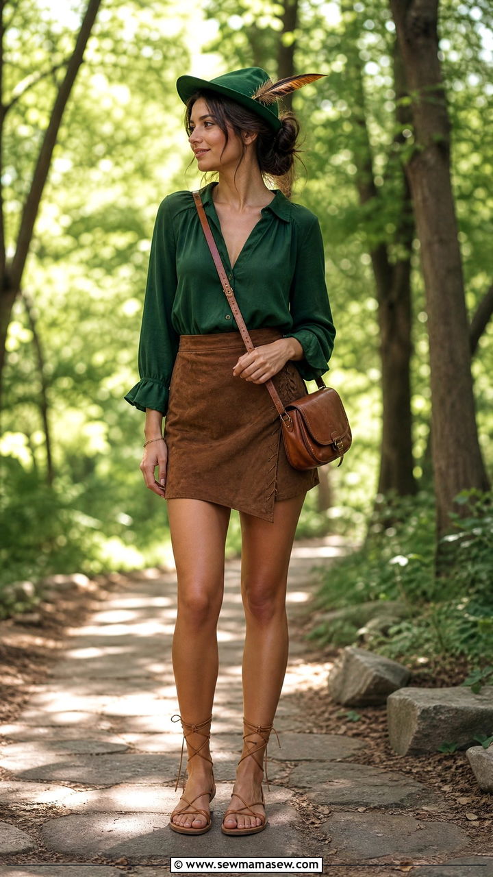 Peter Pan Inspired Green Top With Brown Shorts And Feathered Hat - 40 Disney trip outfit ideas