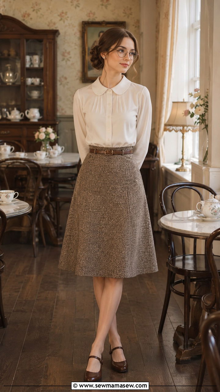 Peter Pan collar blouse and skirt outfit - 30 librarian core outfits ideas