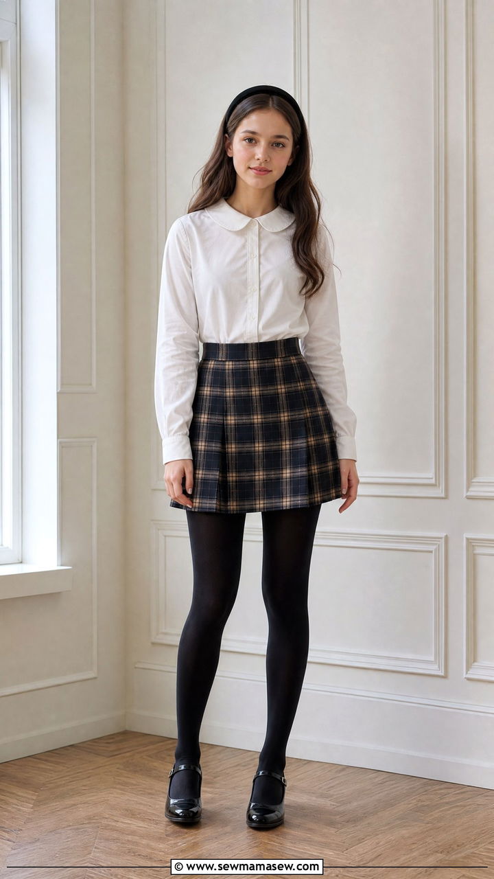 Peter Pan collar blouse tucked into plaid mini skirt outfit - 30 School uniform hacks outfit ideas